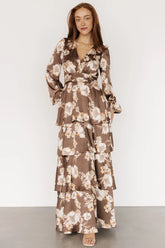 Montrouge Tiered Satin Dress | Mocha Floral