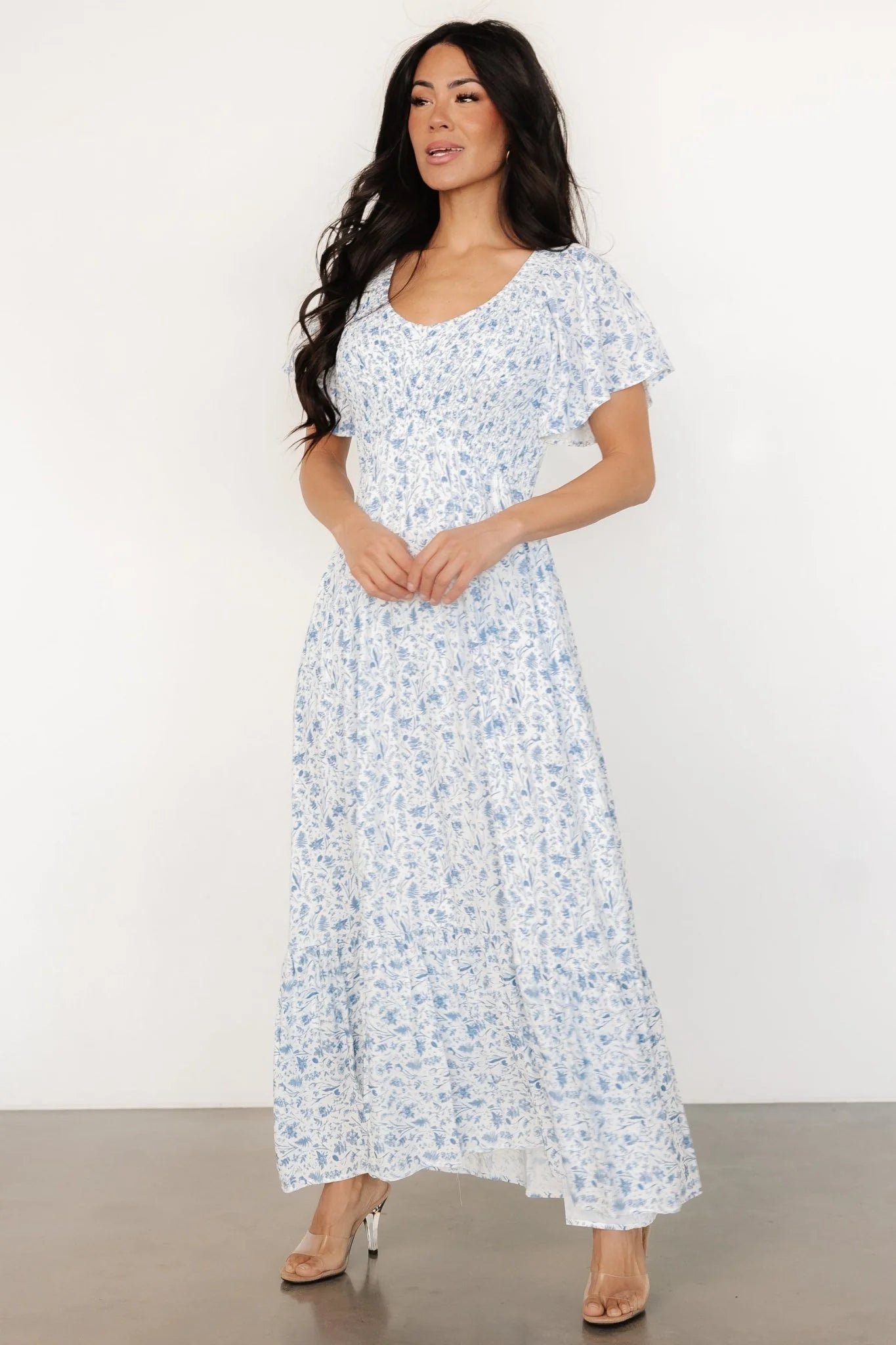 Joanie Smocked Dress | White + Blue Floral