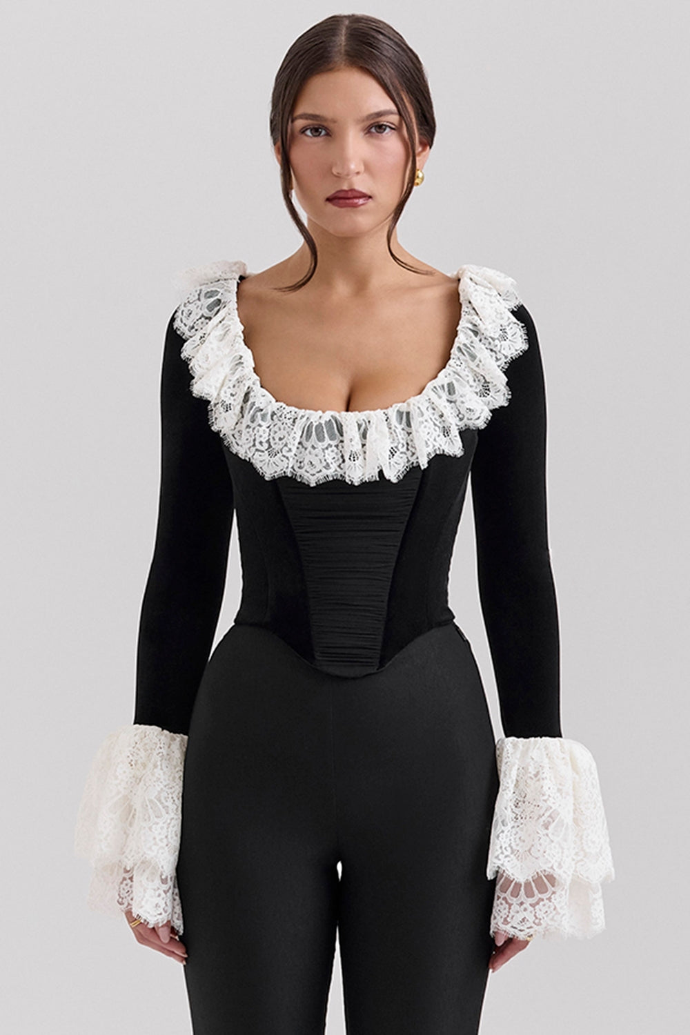 Jacinda-Black Velvet Lace Trimmed Corset Top - SALE