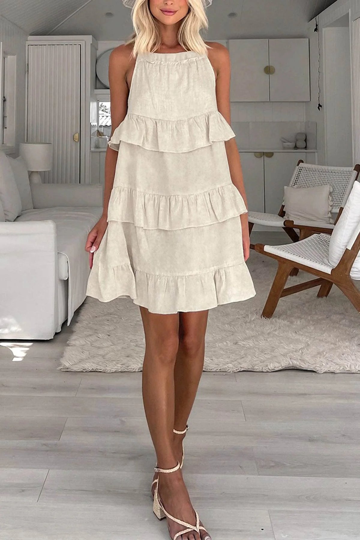 Halter Neck Tiered Cotton Linen Mini Dress